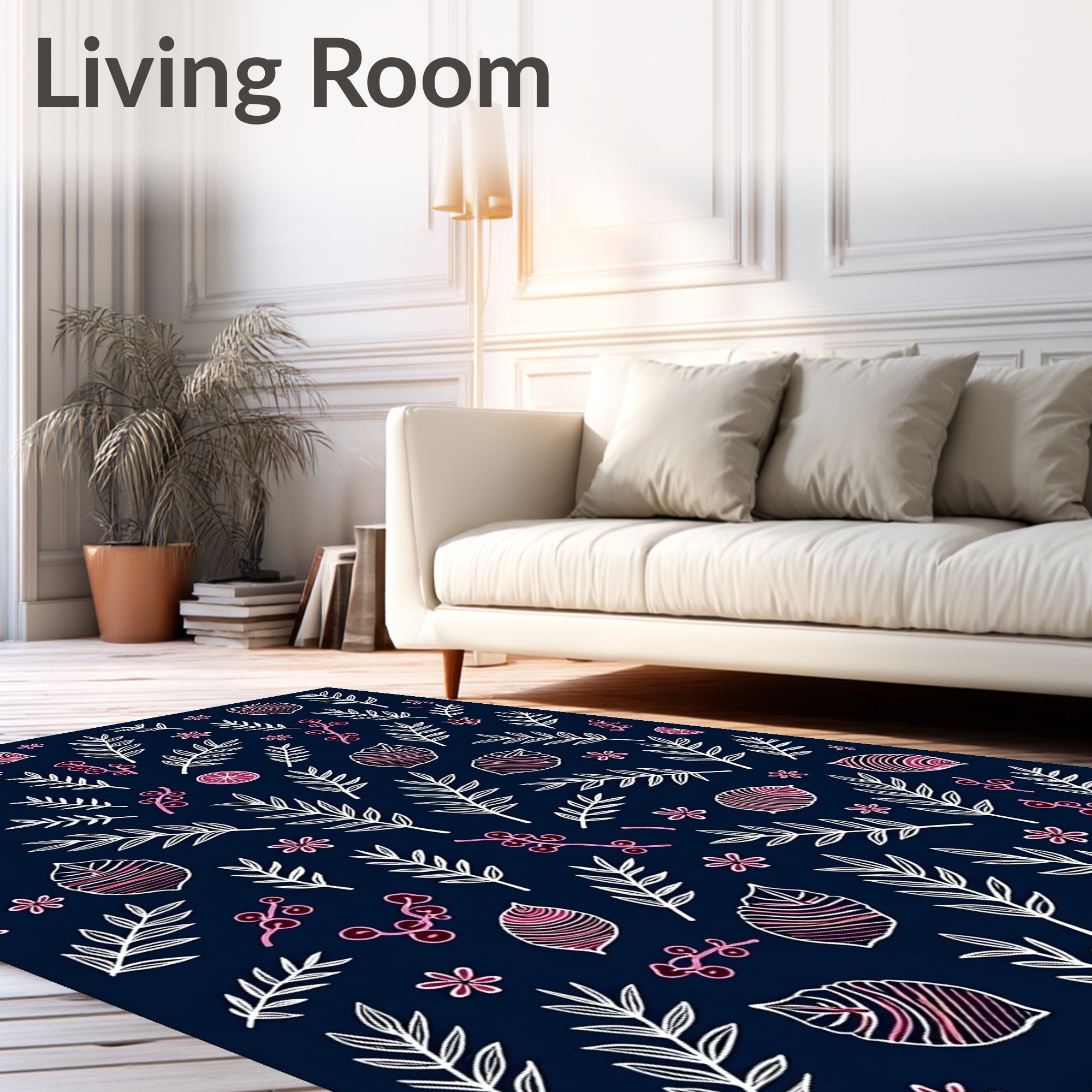 Navy Blue Botanical Berry Branch Rug