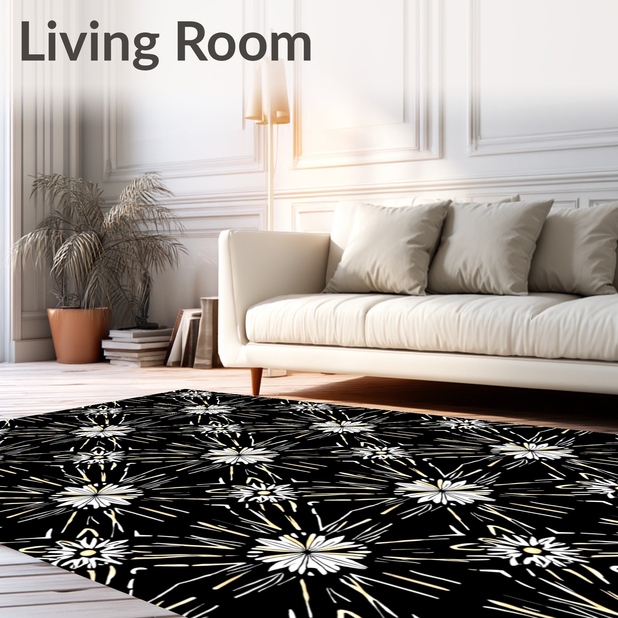 Starburst Floral Patterned Black Gold Rug