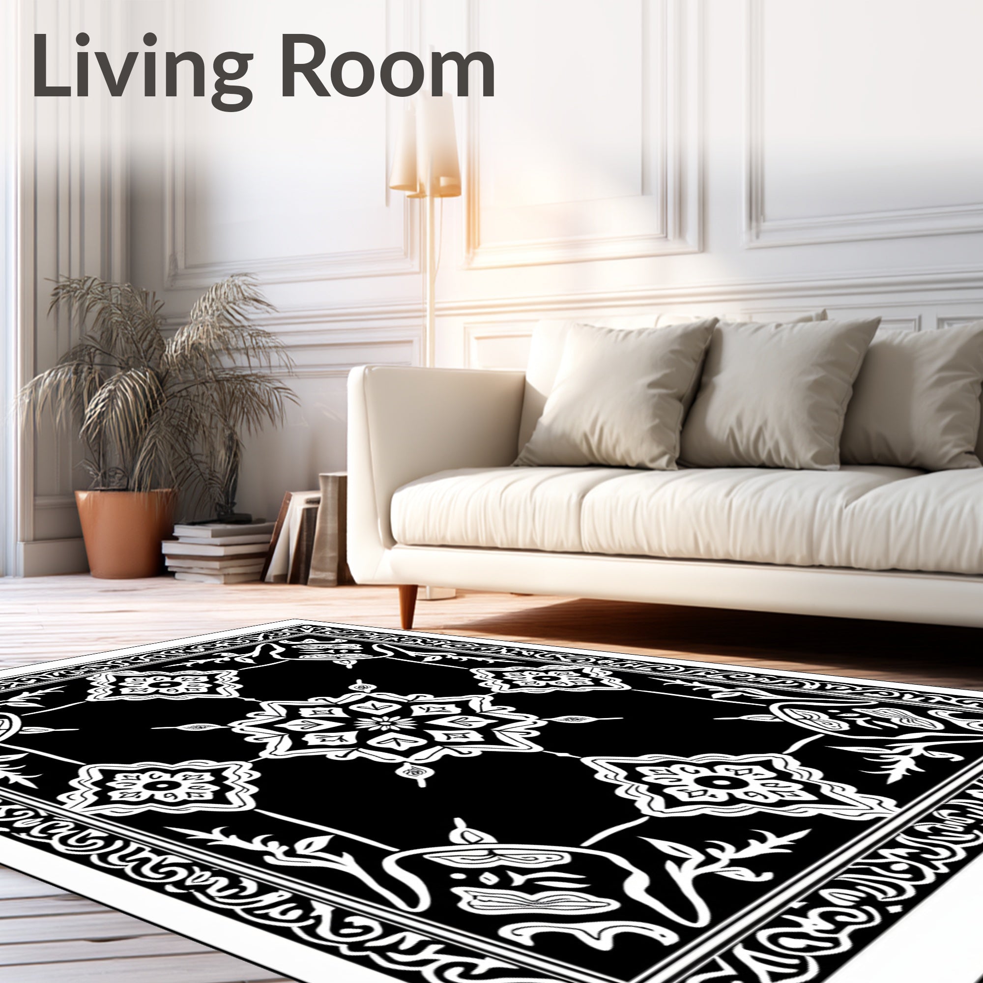 Black White Ornate Floral Mandala Rug