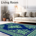 Royal Blue Light Green Floral Border Rug
