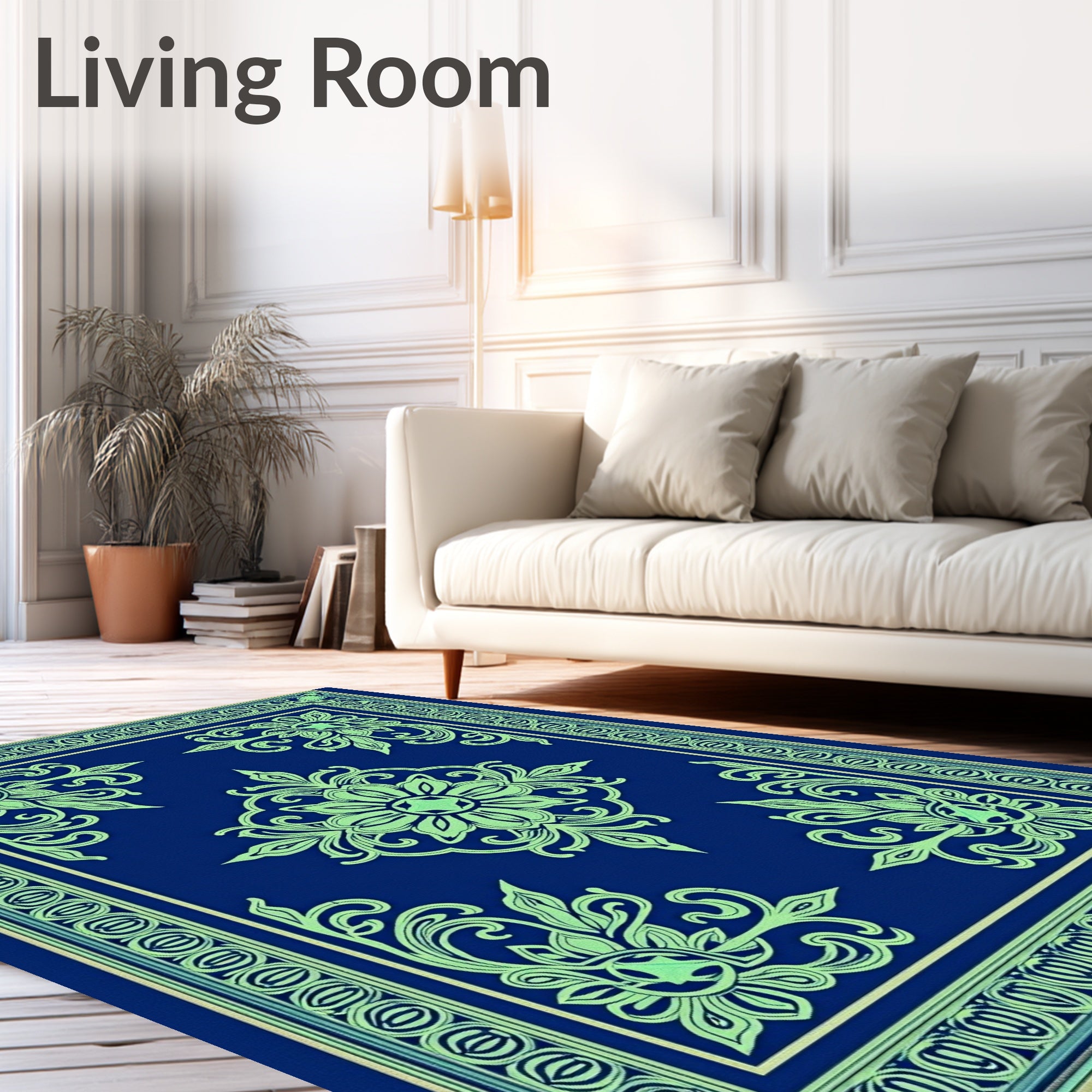 Royal Blue Light Green Floral Border Rug