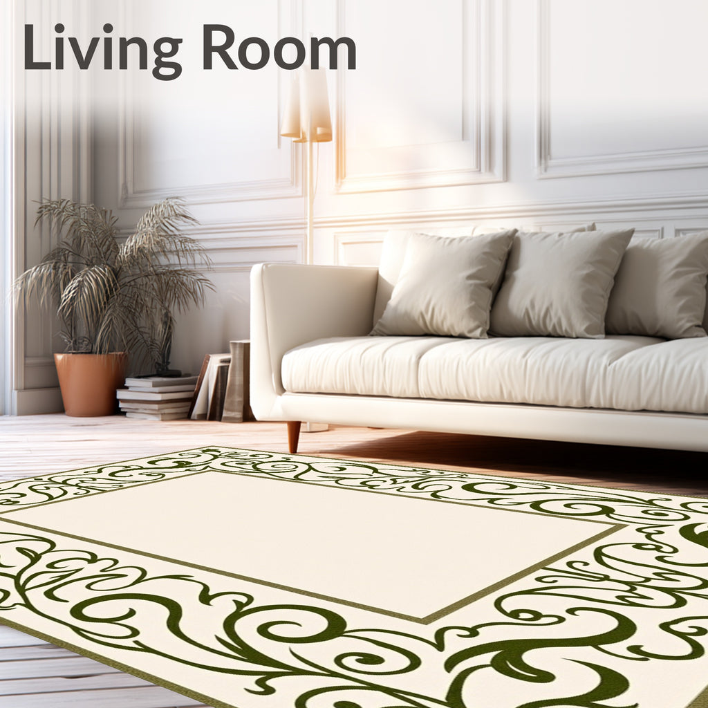 Elegant Green Floral Scroll Border Design Rug