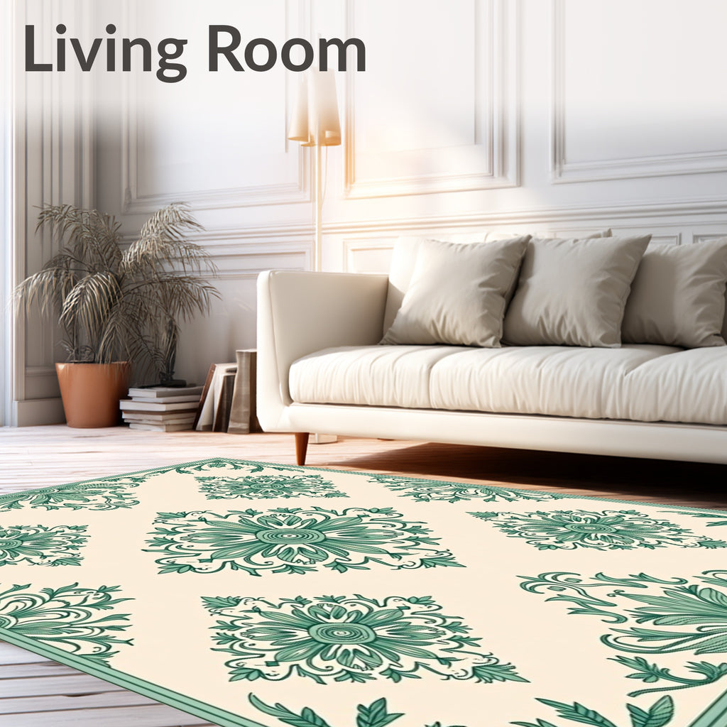 Green Floral Damask Pattern Rug