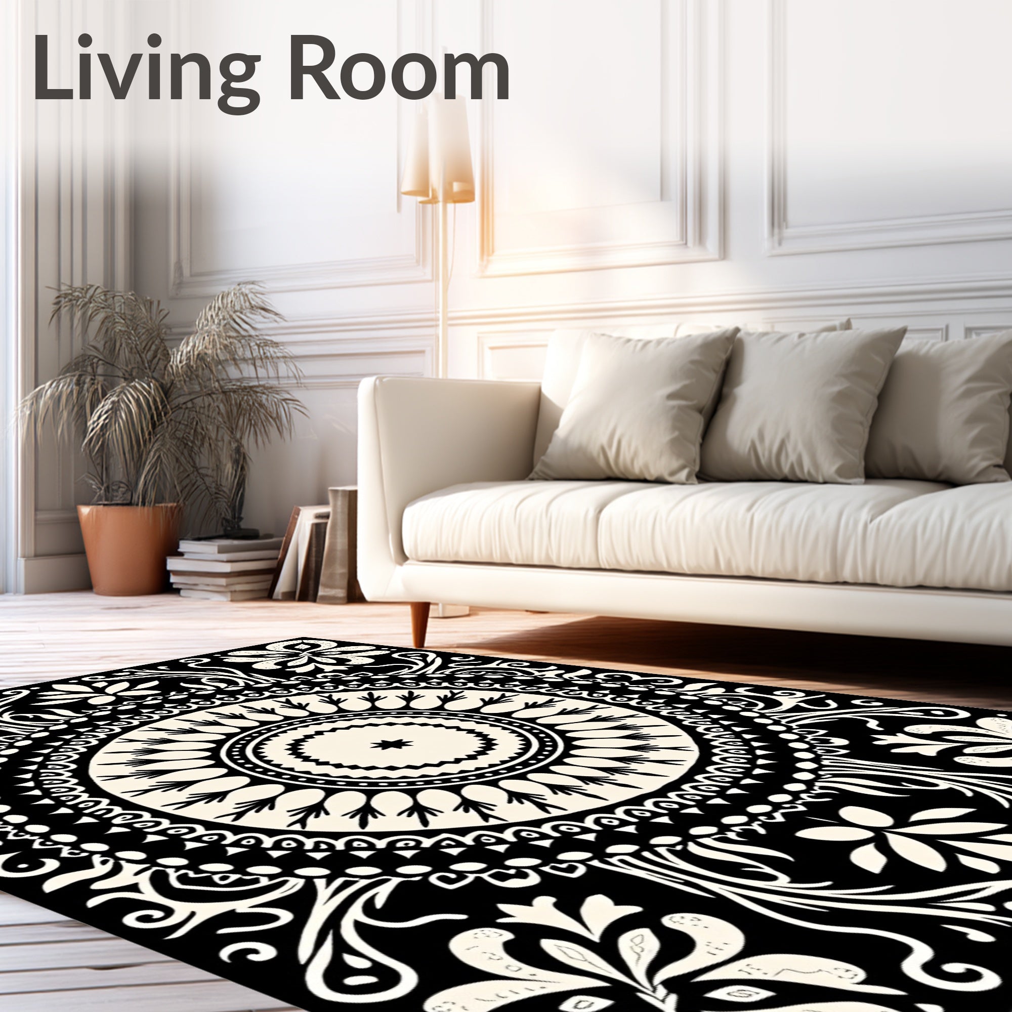 Black Cream Mandala Floral Pattern Rug