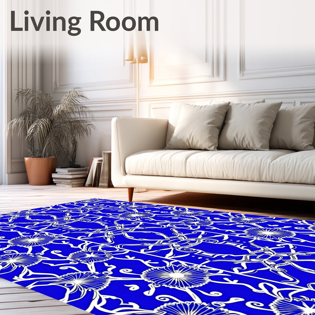 Vibrant Blue Floral Scroll Medallion Rug