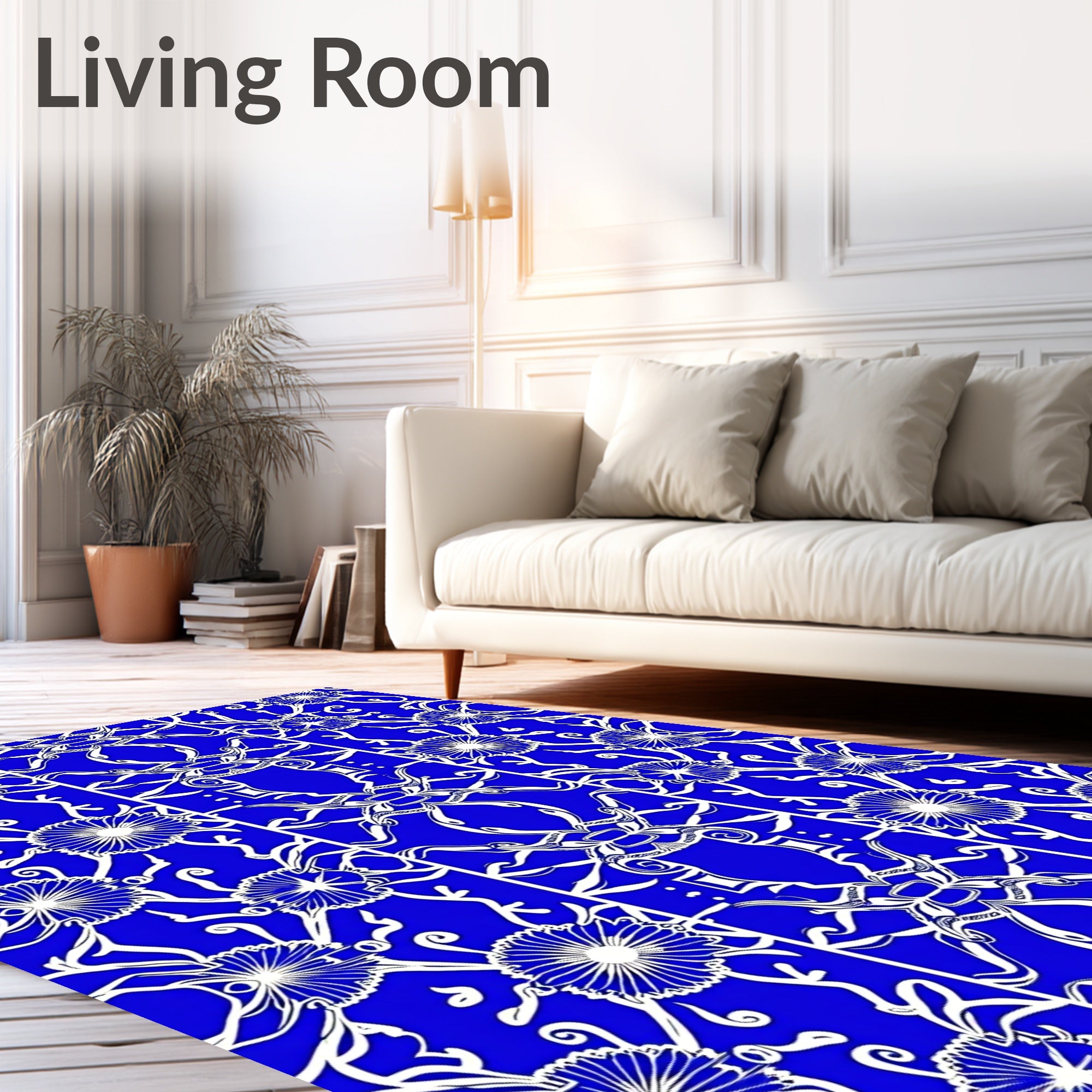 Vibrant Blue Floral Scroll Medallion Rug