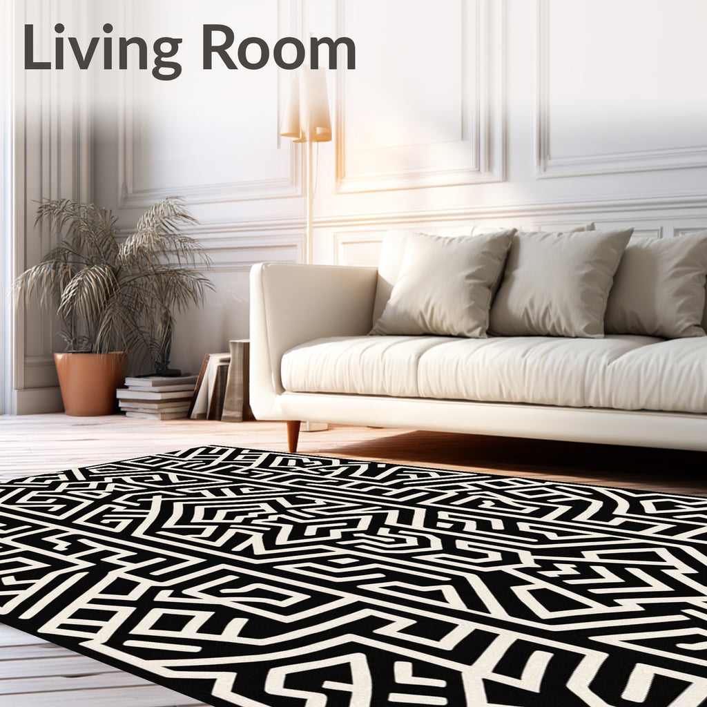 Black White Bold Geometric Maze Pattern Rug