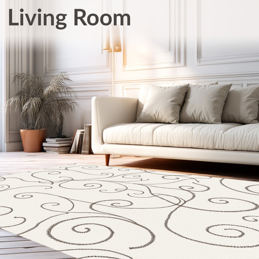 Cream Scroll Vine Pattern Art Rug