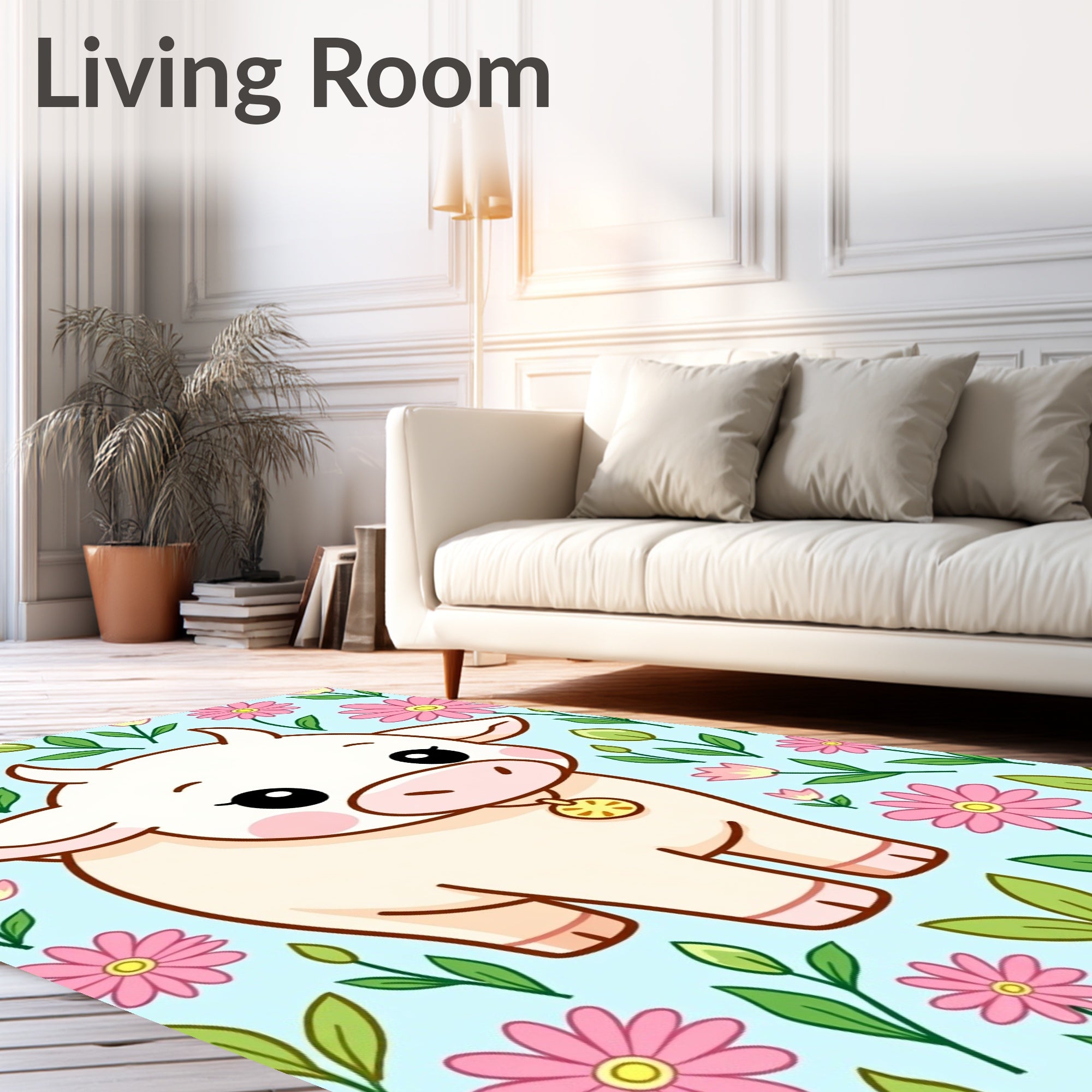Cute Cow with Pink Floral Garden Rug