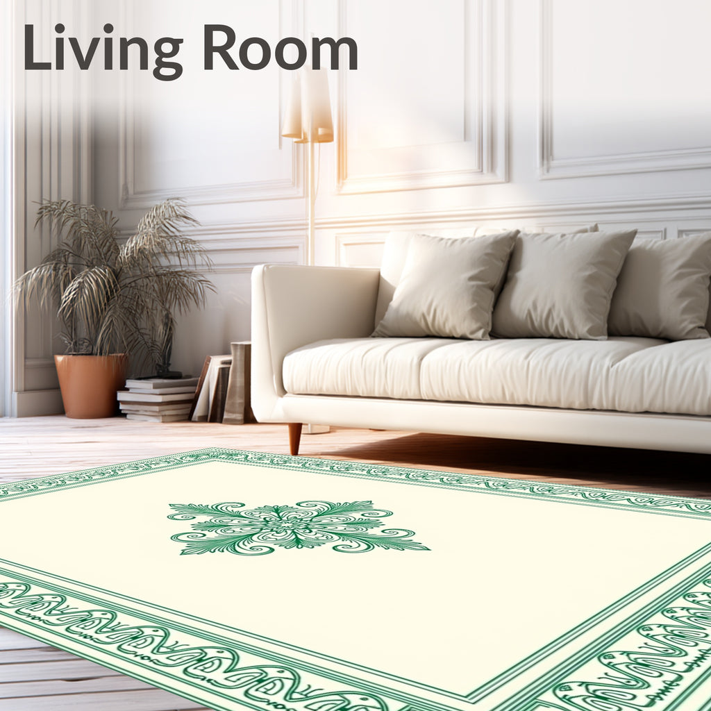 Elegant Green Leaf Scroll Border Design Rug