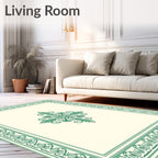 Elegant Green Leaf Scroll Border Design Rug