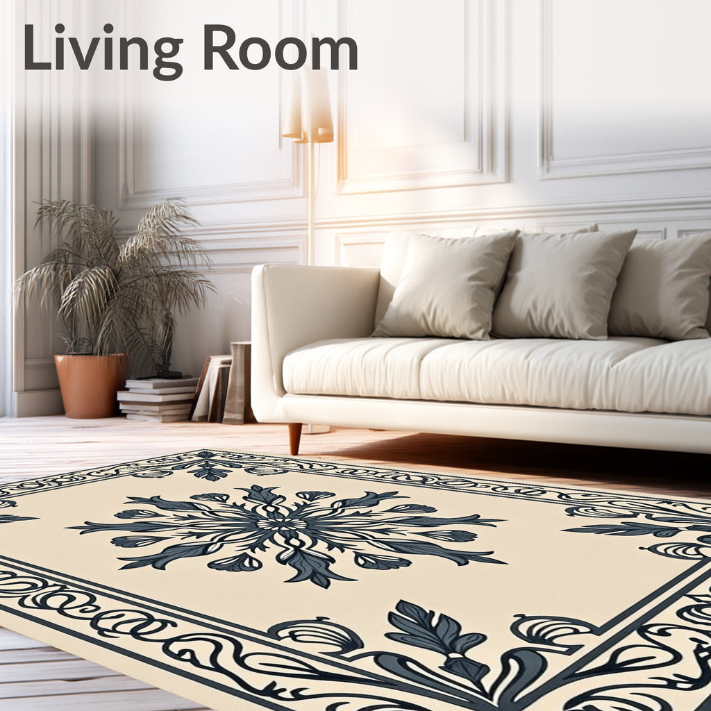 Ornate Floral Medallion Dark Blue Ivory Rug