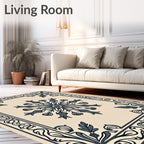 Ornate Floral Medallion Dark Blue Ivory Rug