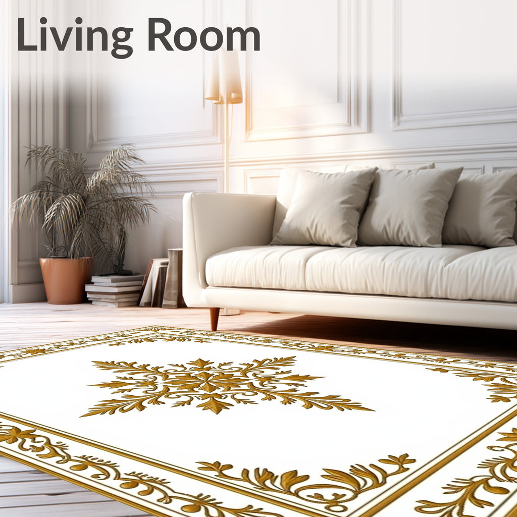 Ornate Gold Swirl Floral Border Rug