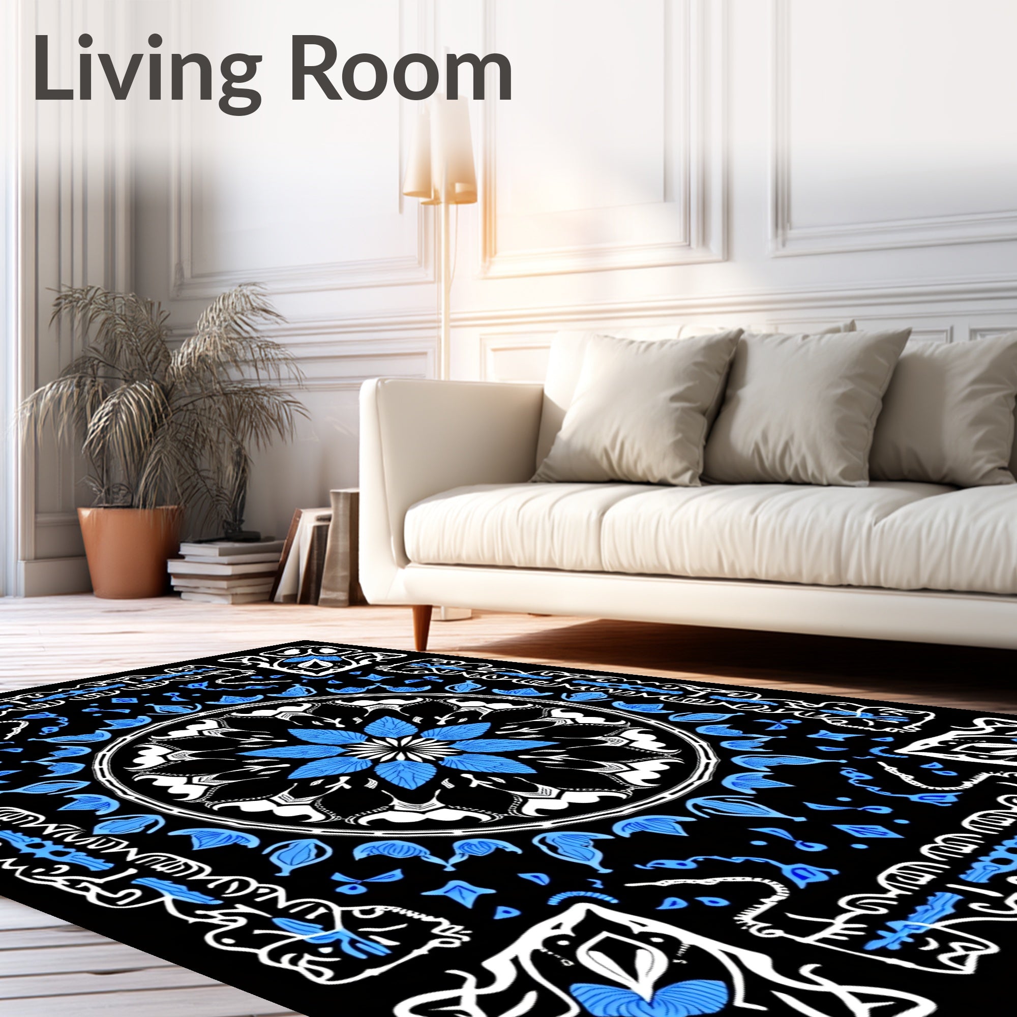 Monochromatic Blue Floral Mandala Design Rug
