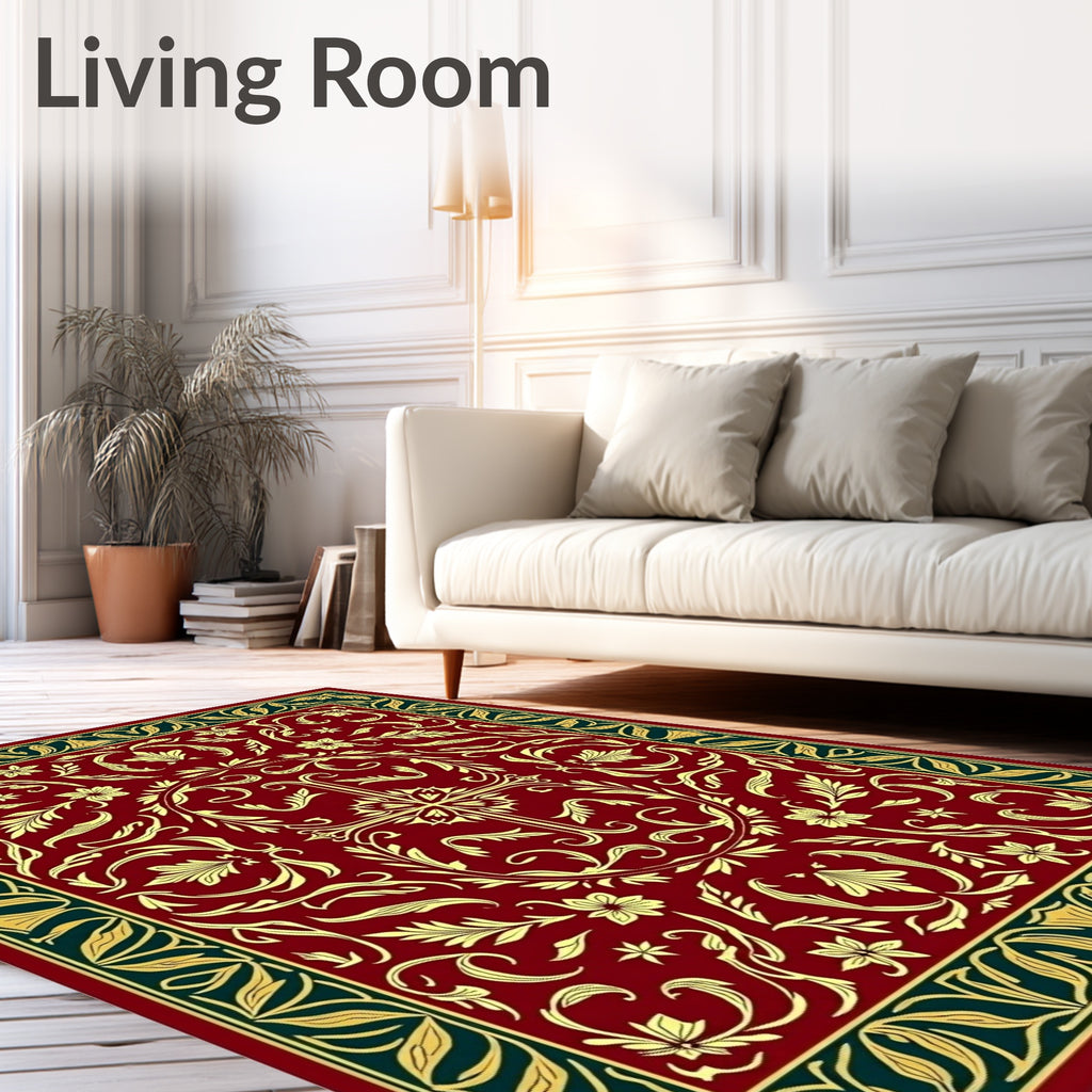 Rich Burgundy Gold Floral Botanical Rug