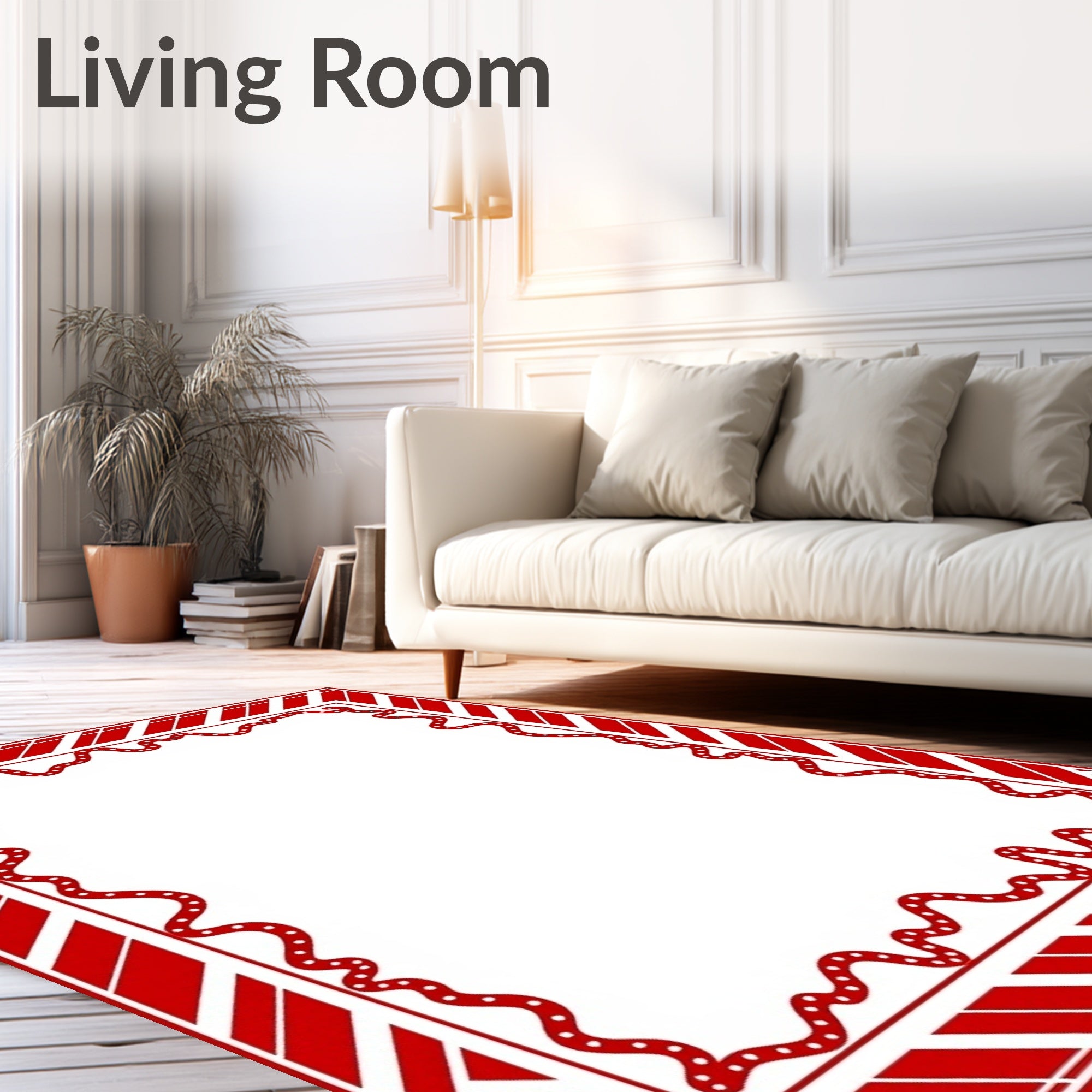 Crimson White Stripe Border Waves Rug