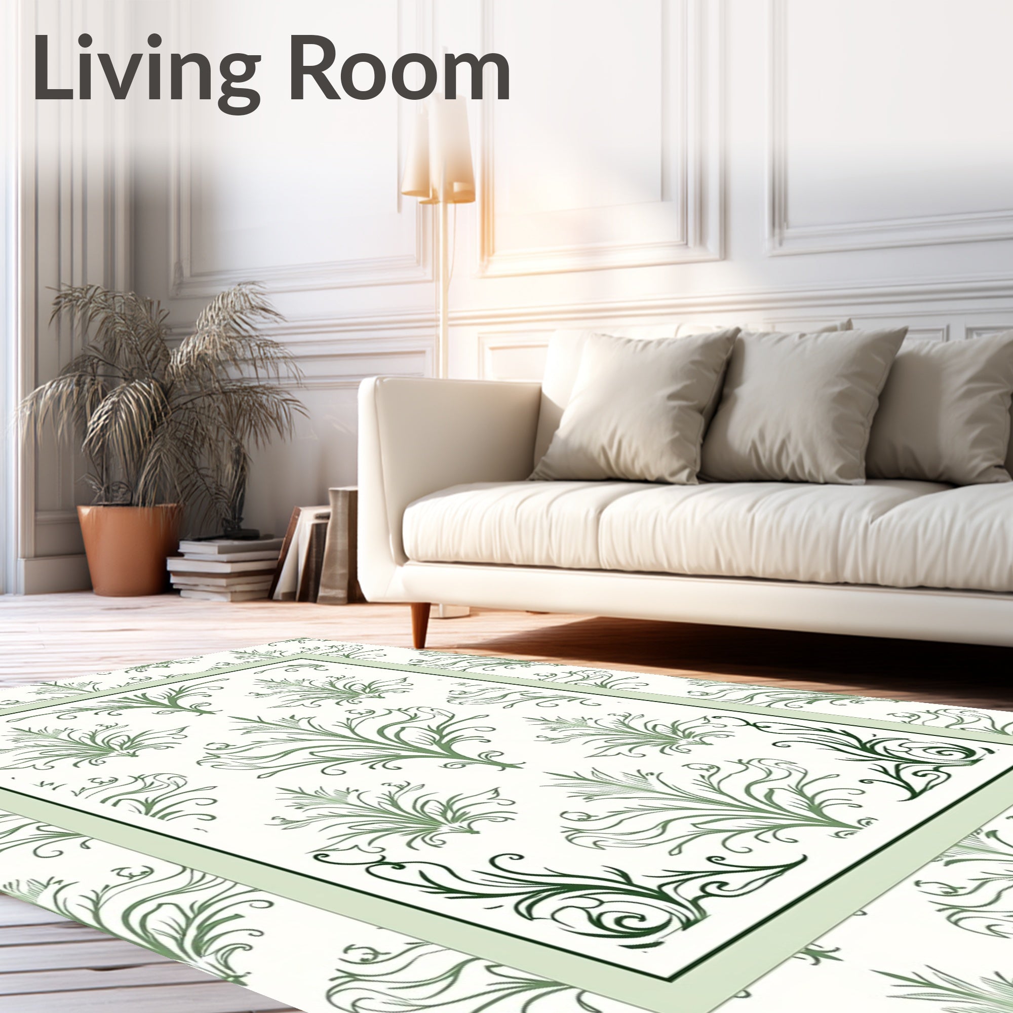 Green Damask Floral Patterned Rug