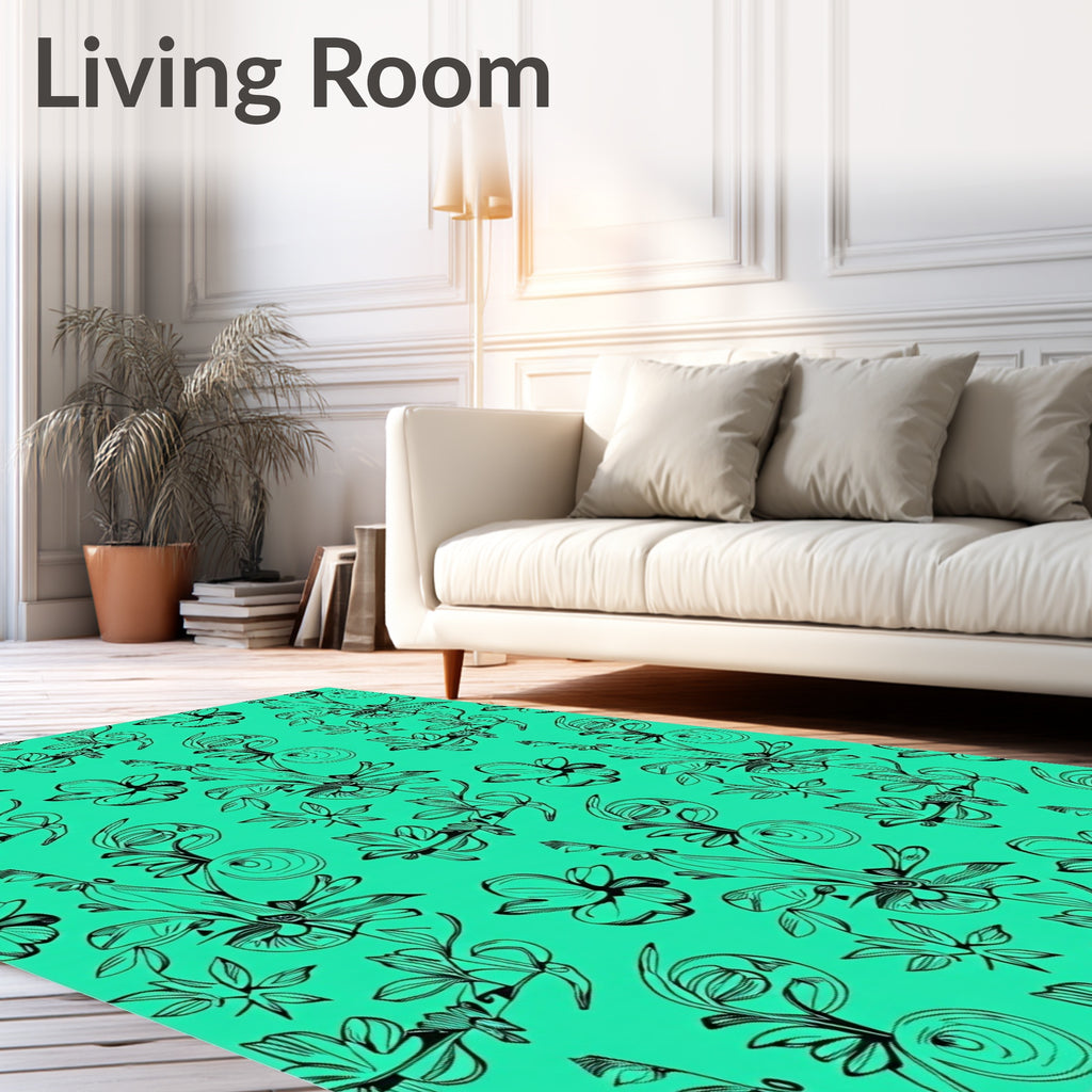 Black Floral Vines And Swirls Pattern Rug