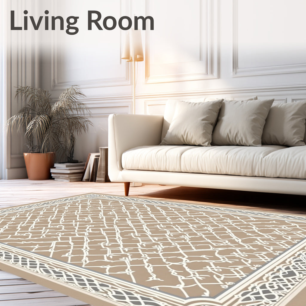 Intricate Lattice Tan Geometric Pattern Rug