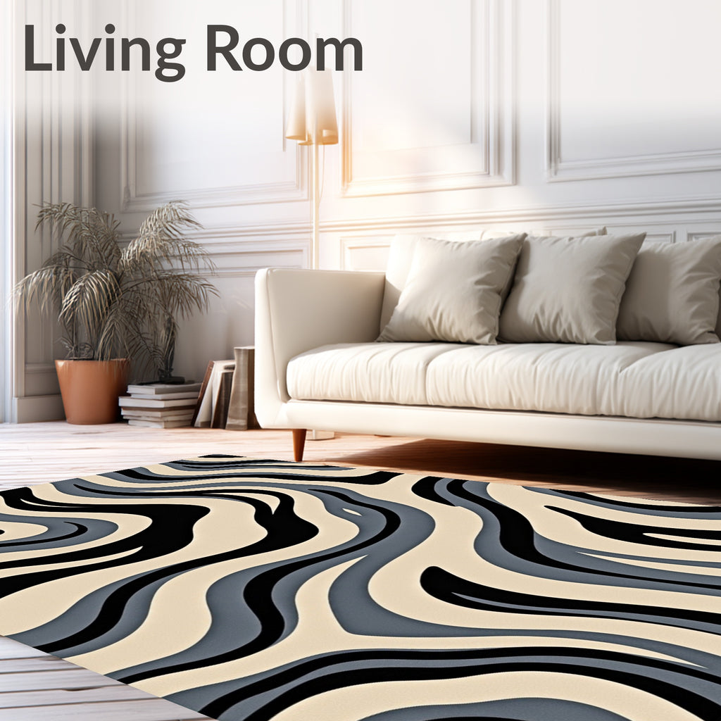 Abstract Blue Beige Black Wave Pattern Rug