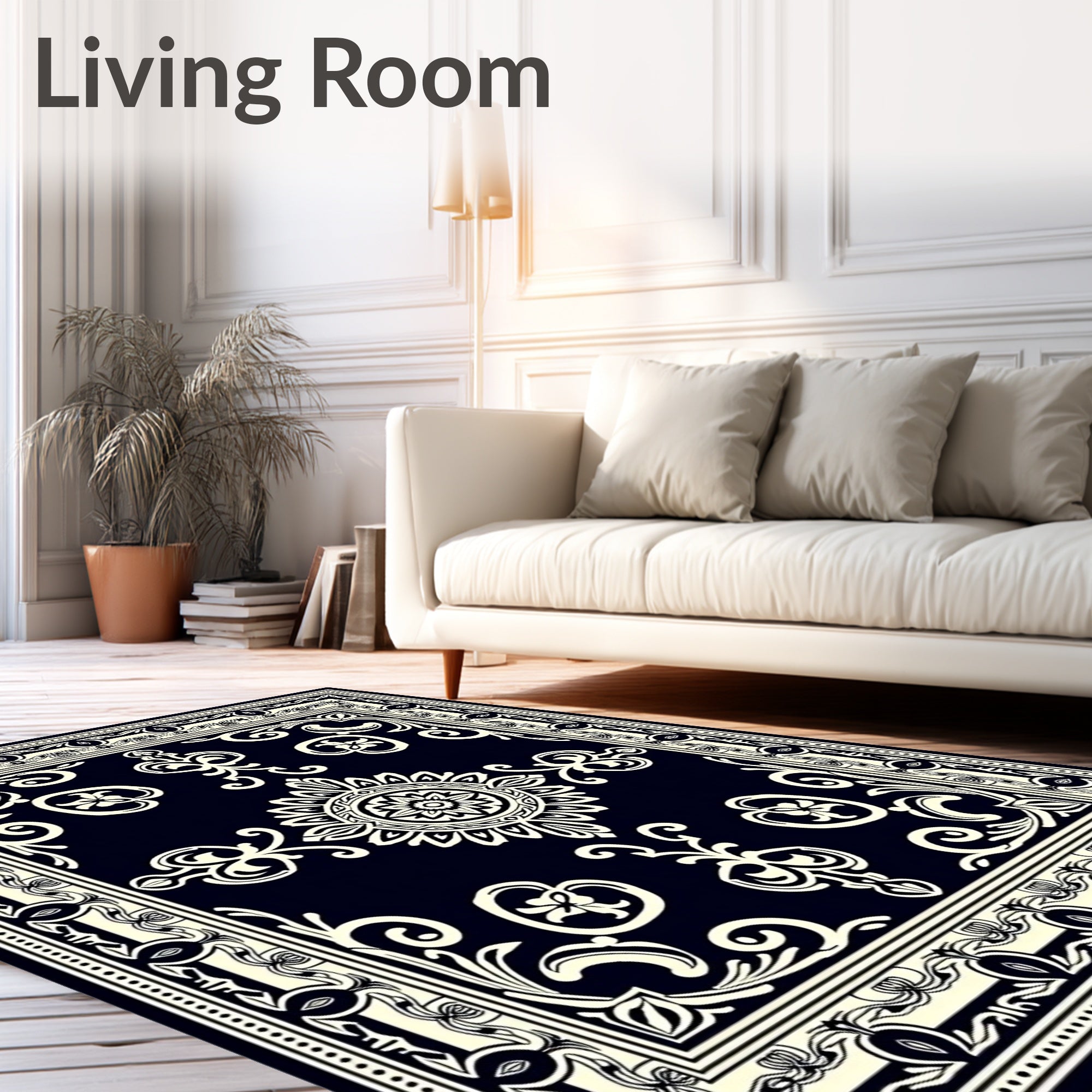 Classic Black Cream Floral Medallion Rug