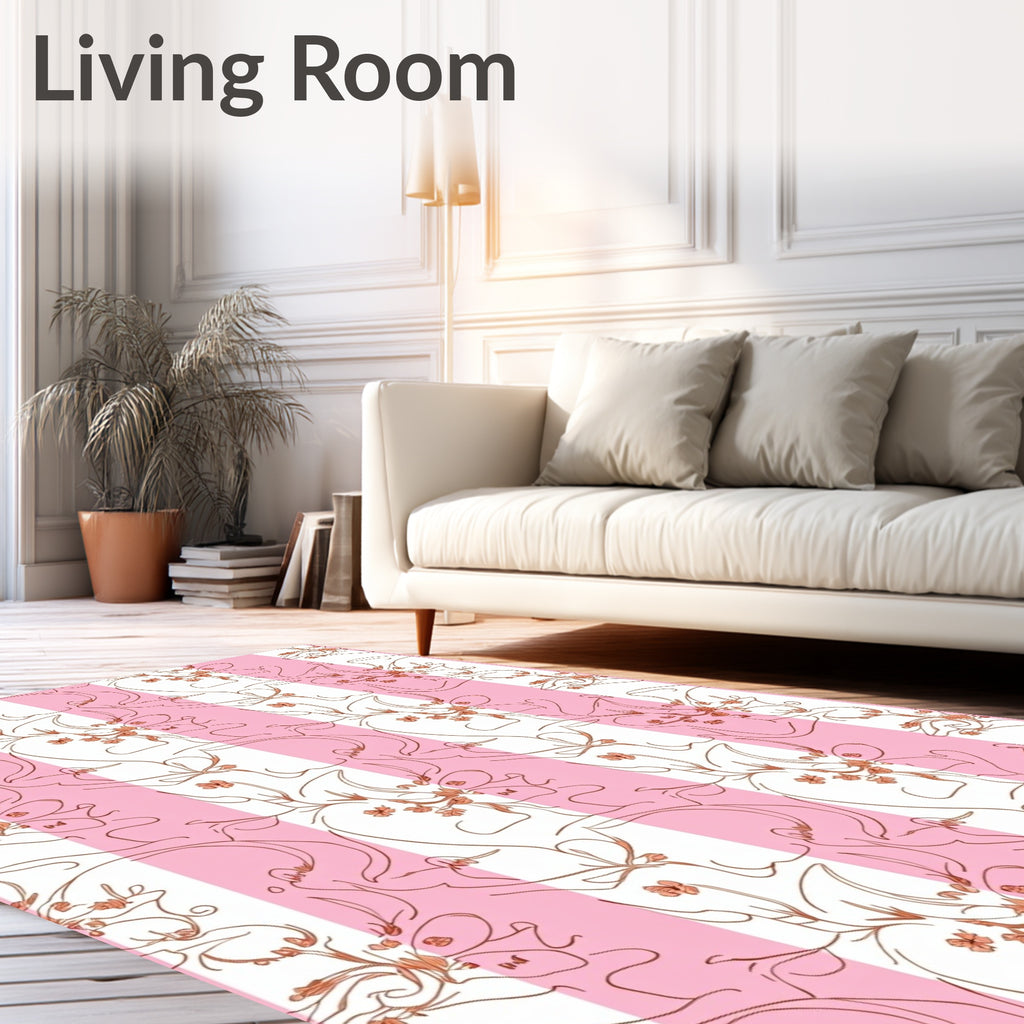Pink White Stripe Floral Line Art Rug
