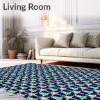 Navy Teal Floral Geometric Pattern Rug
