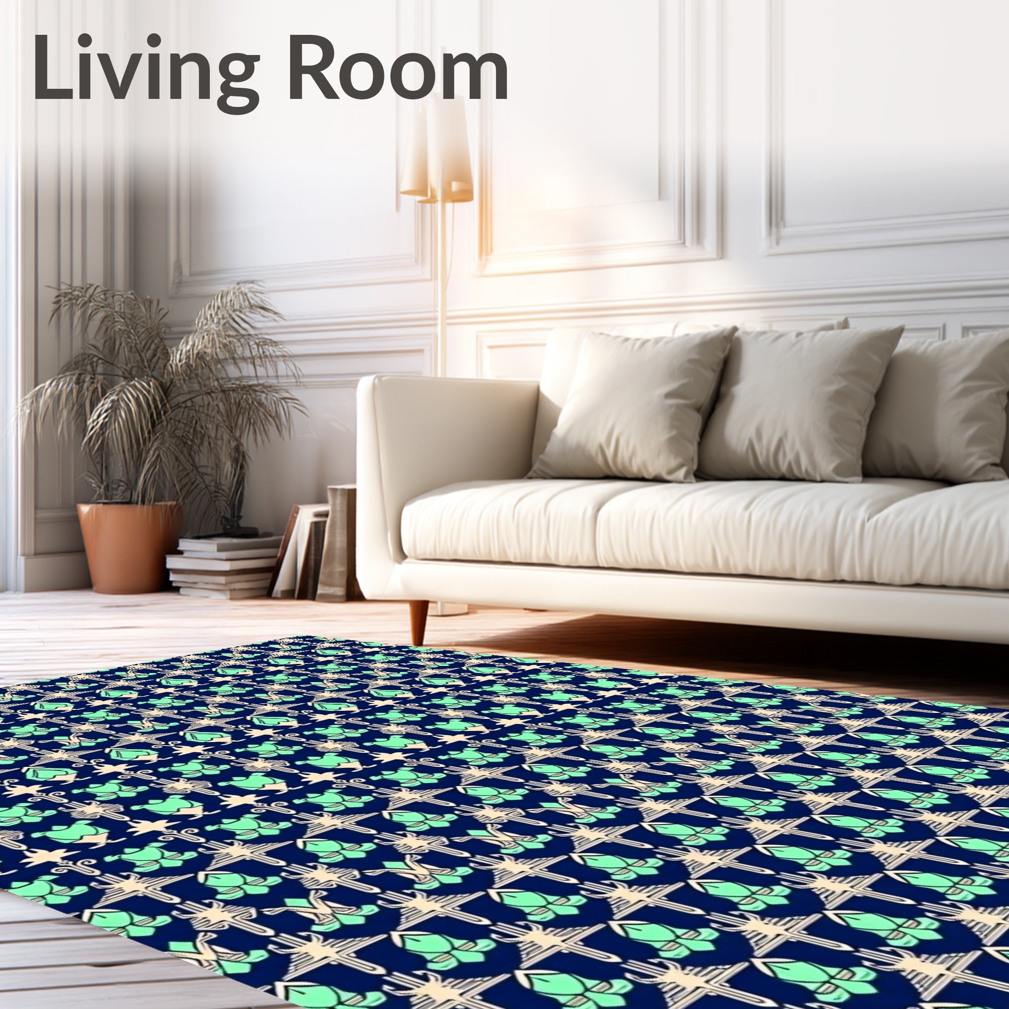 Navy Teal Floral Geometric Pattern Rug