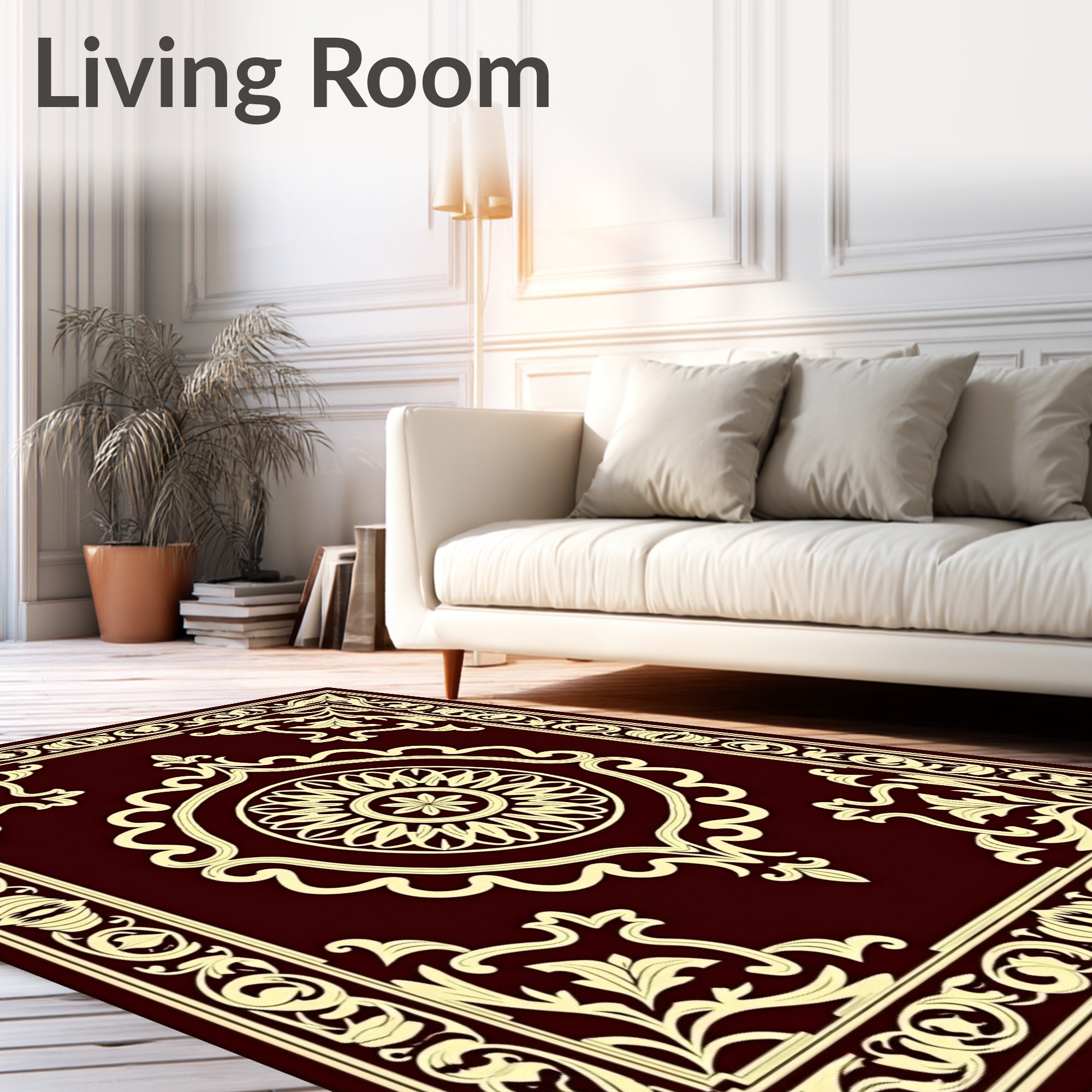 Rich Burgundy Gold Floral Symmetry Rug