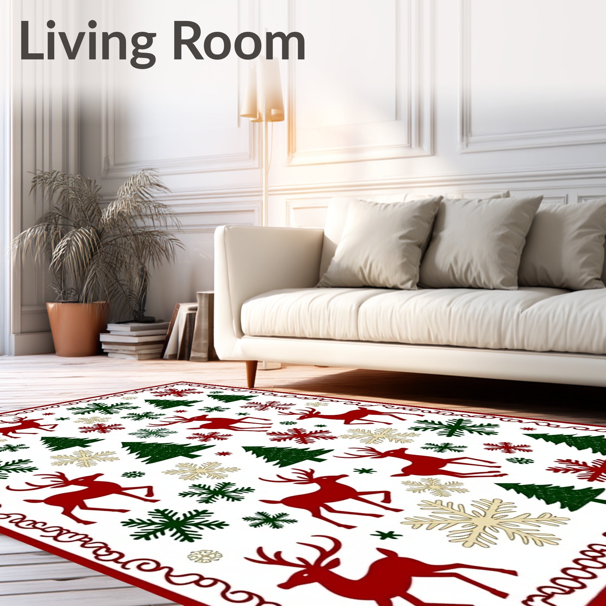 Festive Red Green Deer Snowflakes Trees Border Rug