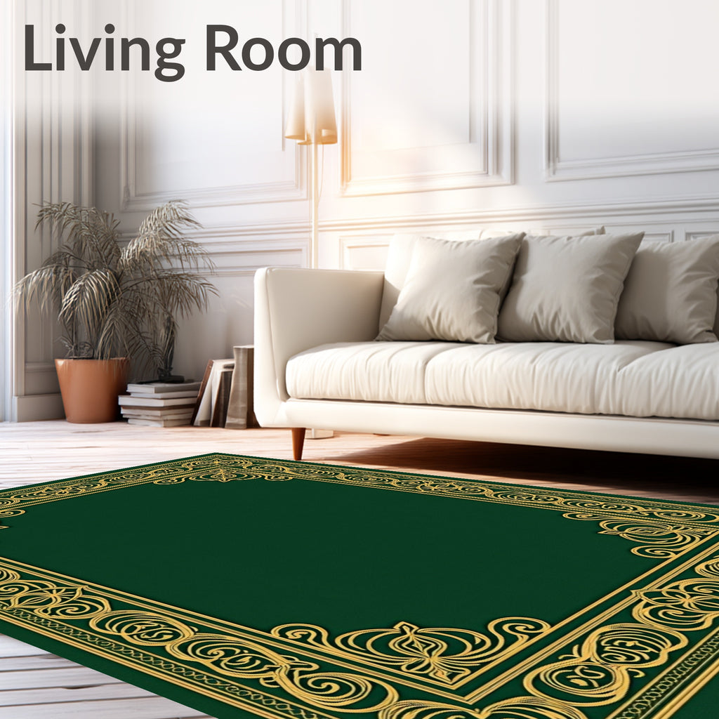 Ornate Gold Green Filigree Border Rug