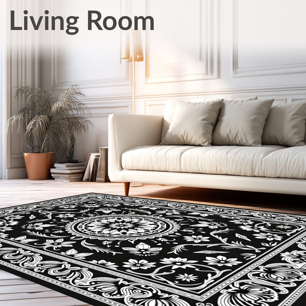 Intricate Floral Mandala Black and White Rug