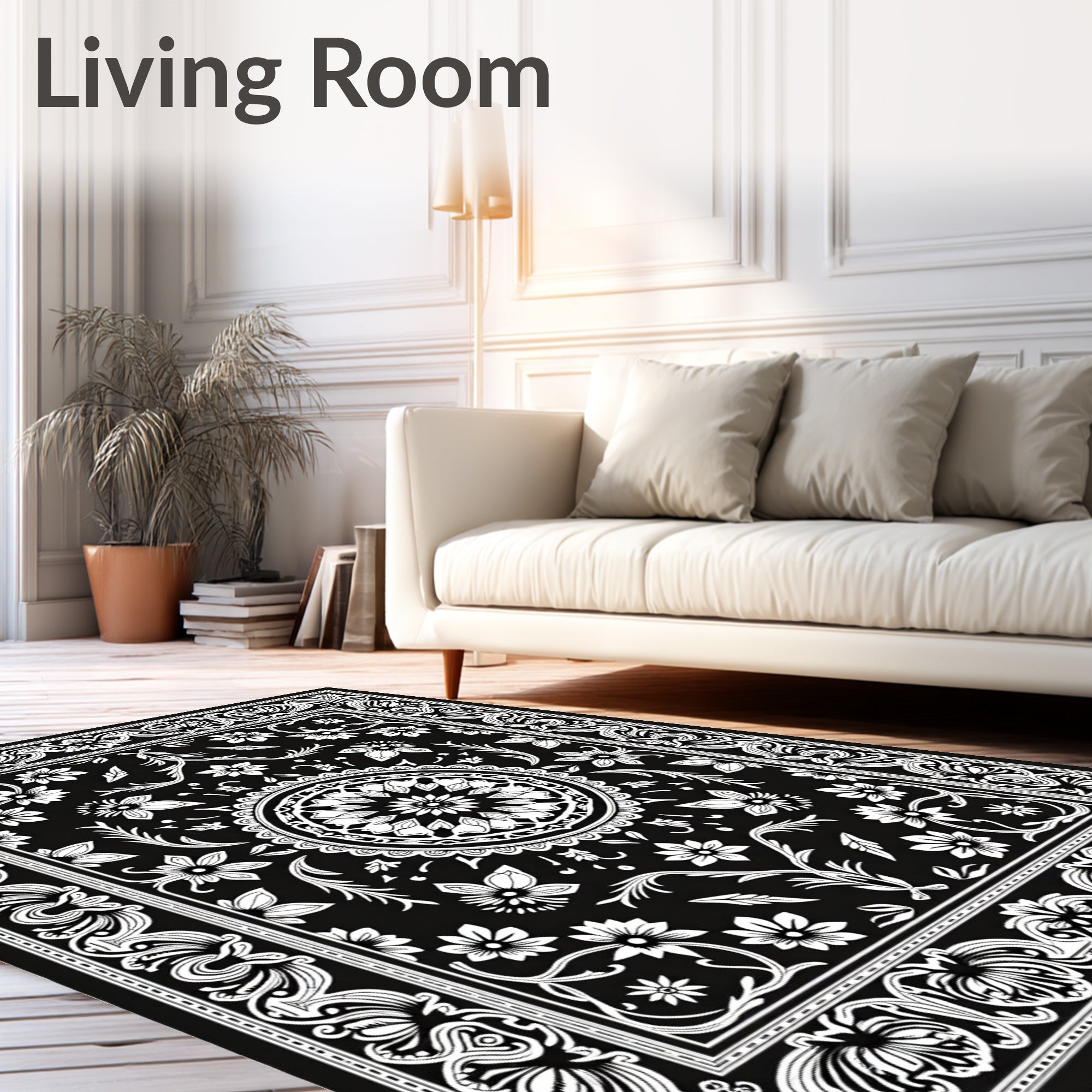 Intricate Floral Mandala Black and White Rug