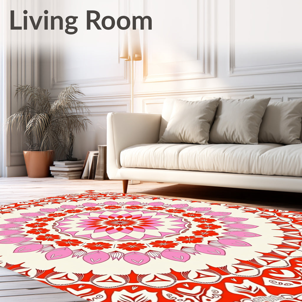 Vibrant Red Pink Floral Mandala Design Rug