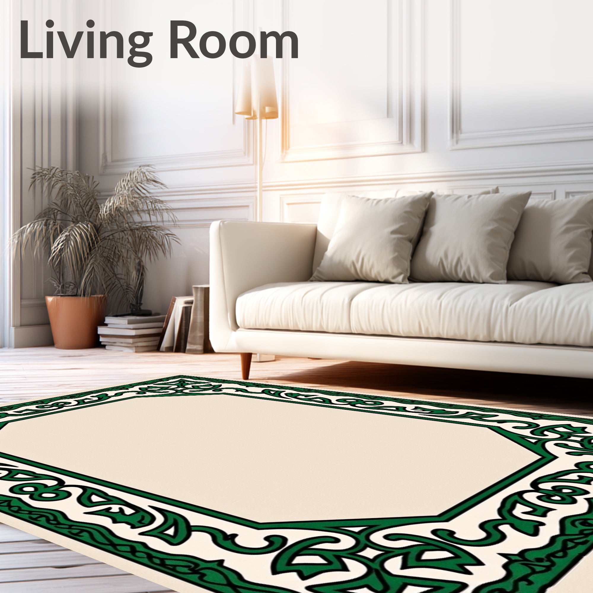 Intricate Green Vine Geometric Border Rug