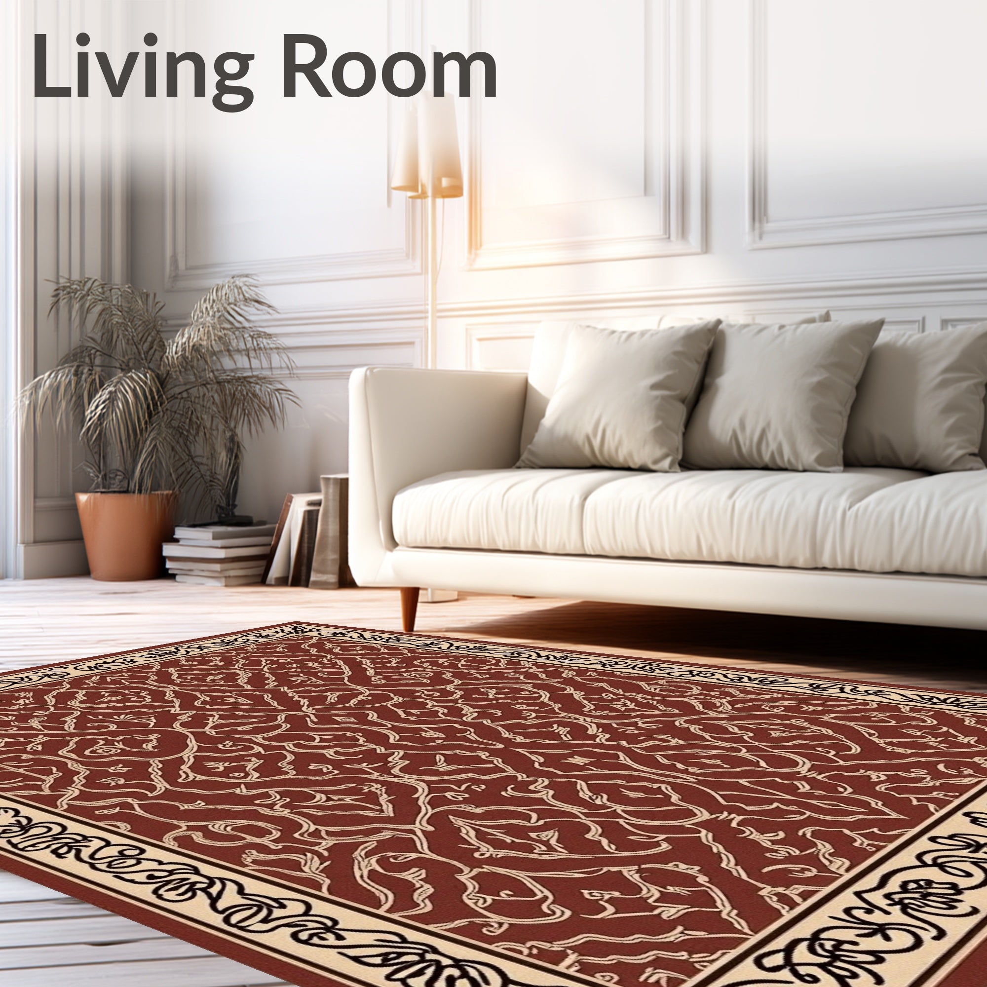 Ornate Cream Border Red Floral Pattern Rug