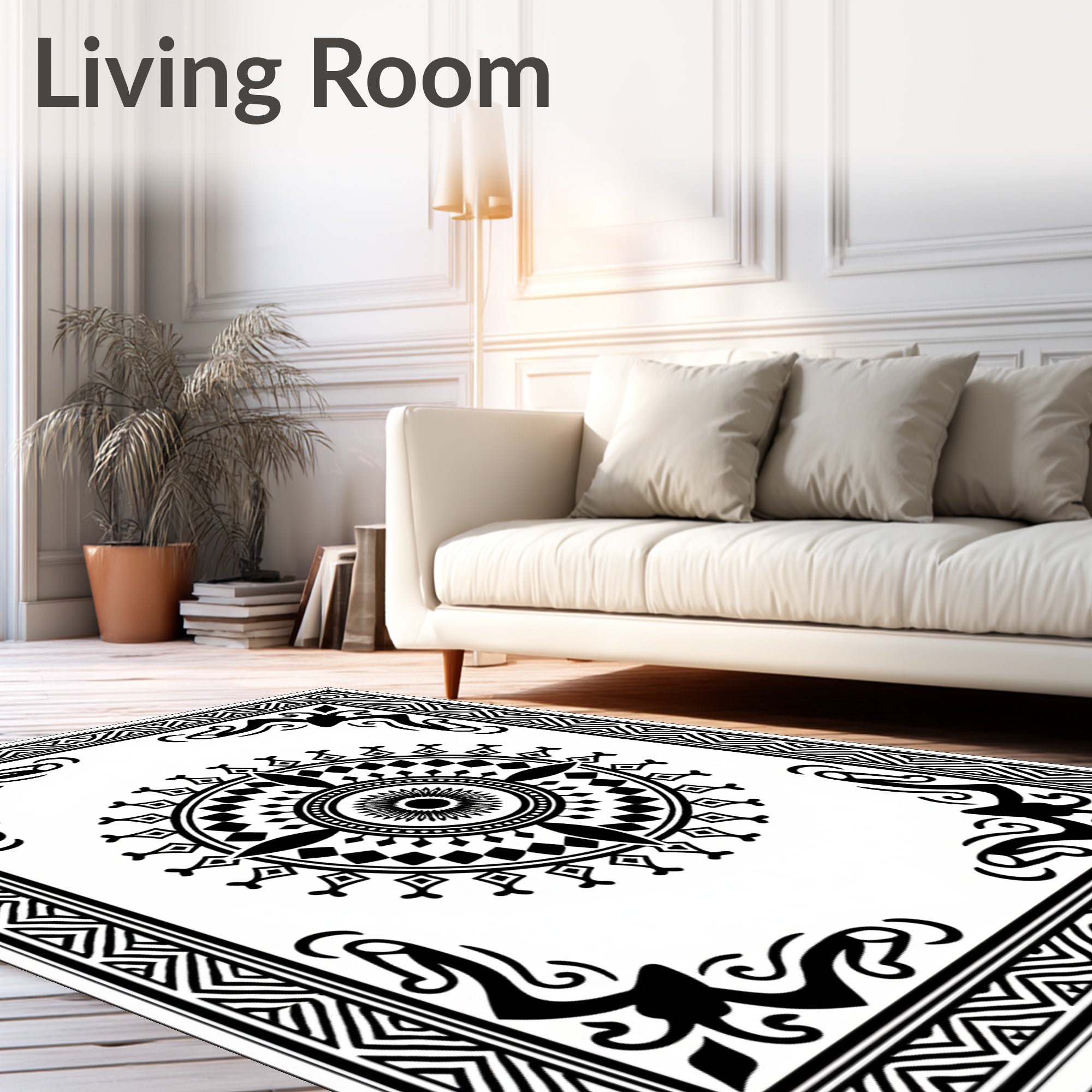 Bold Black White Geometric Mandala Rug