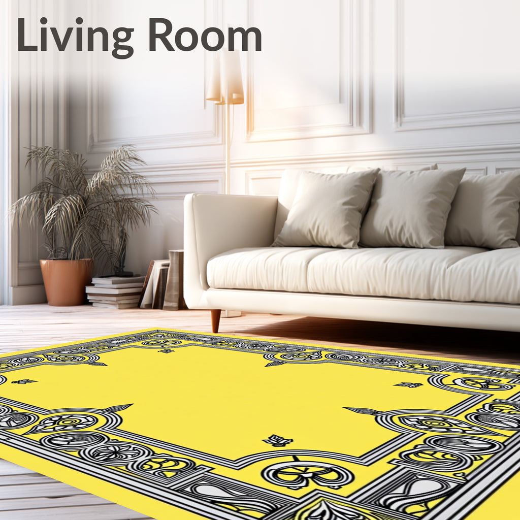 Ornate Yellow Floral Border Design Rug