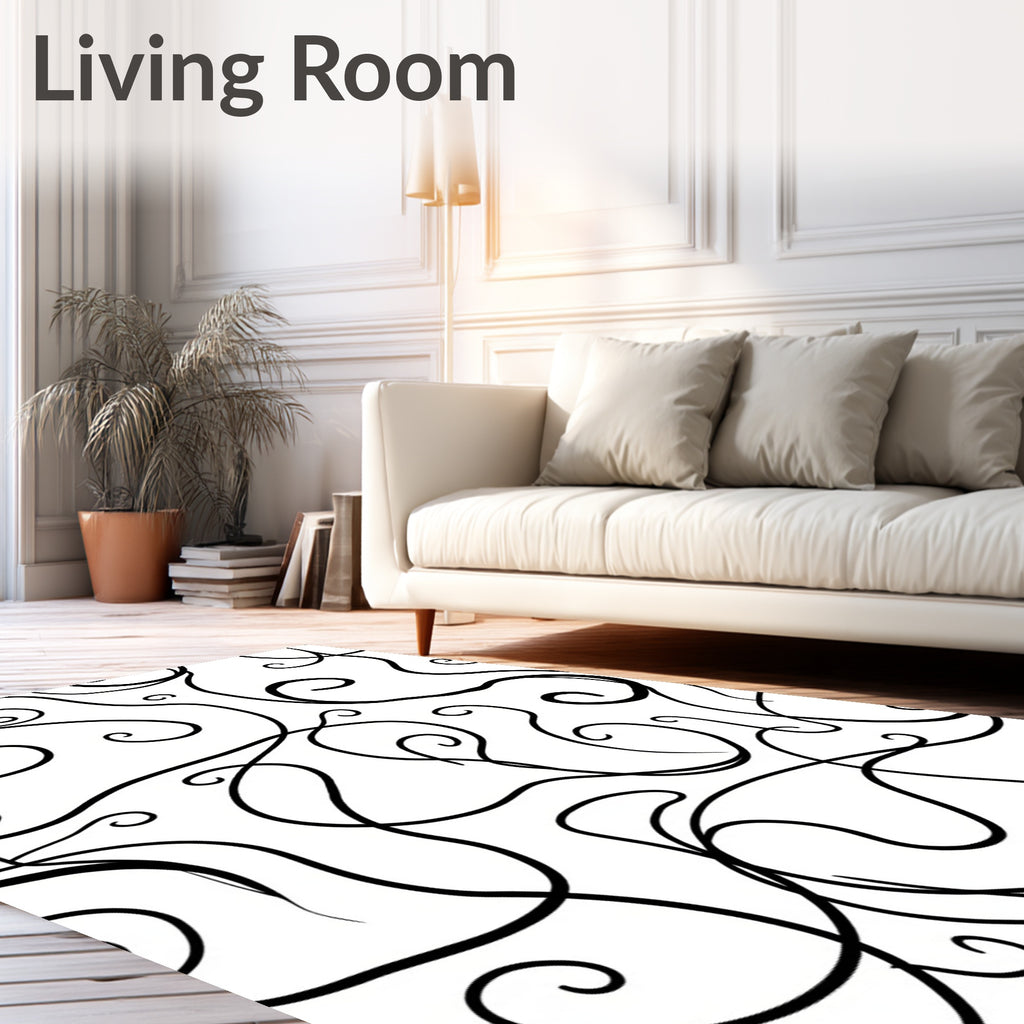 Black White Swirling Vine Pattern Rug