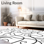 Black White Swirling Vine Pattern Rug