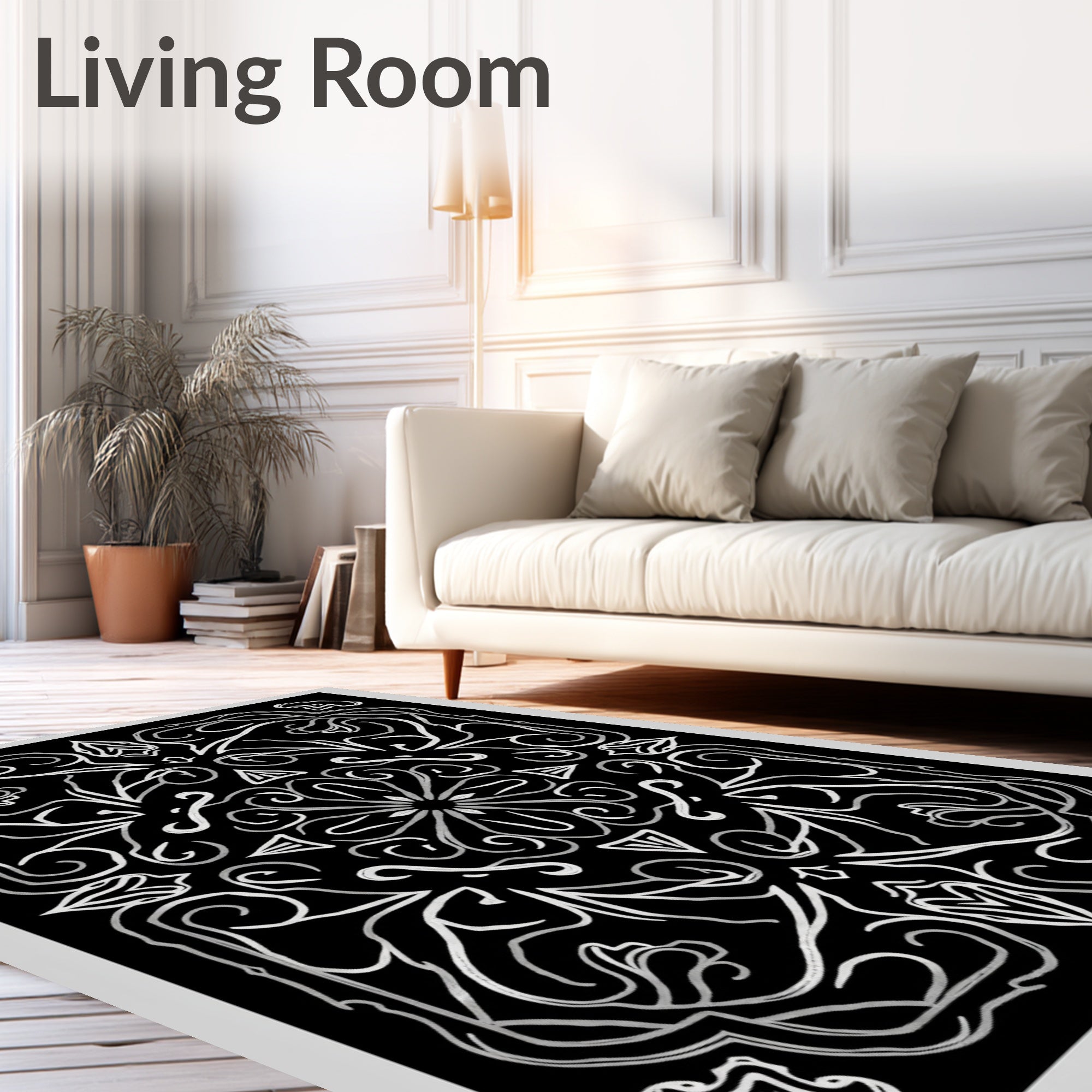 Mono White Floral Mandala Design Rug