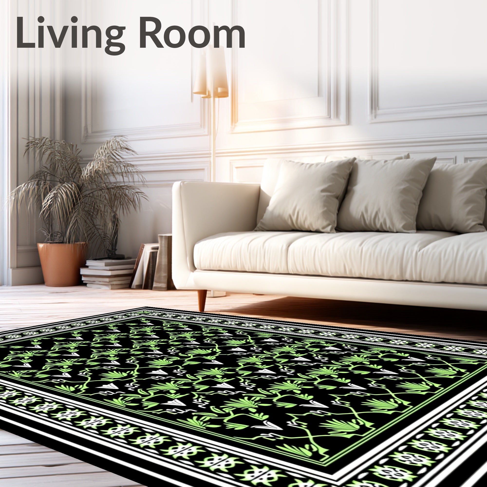 Art Nouveau Black Green Floral Pattern Rug