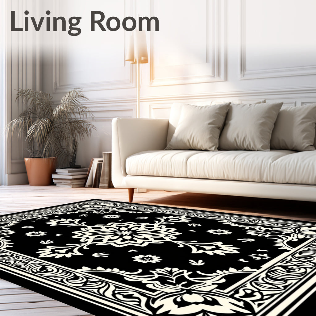 Classic Black Ivory Floral Mandala Rug