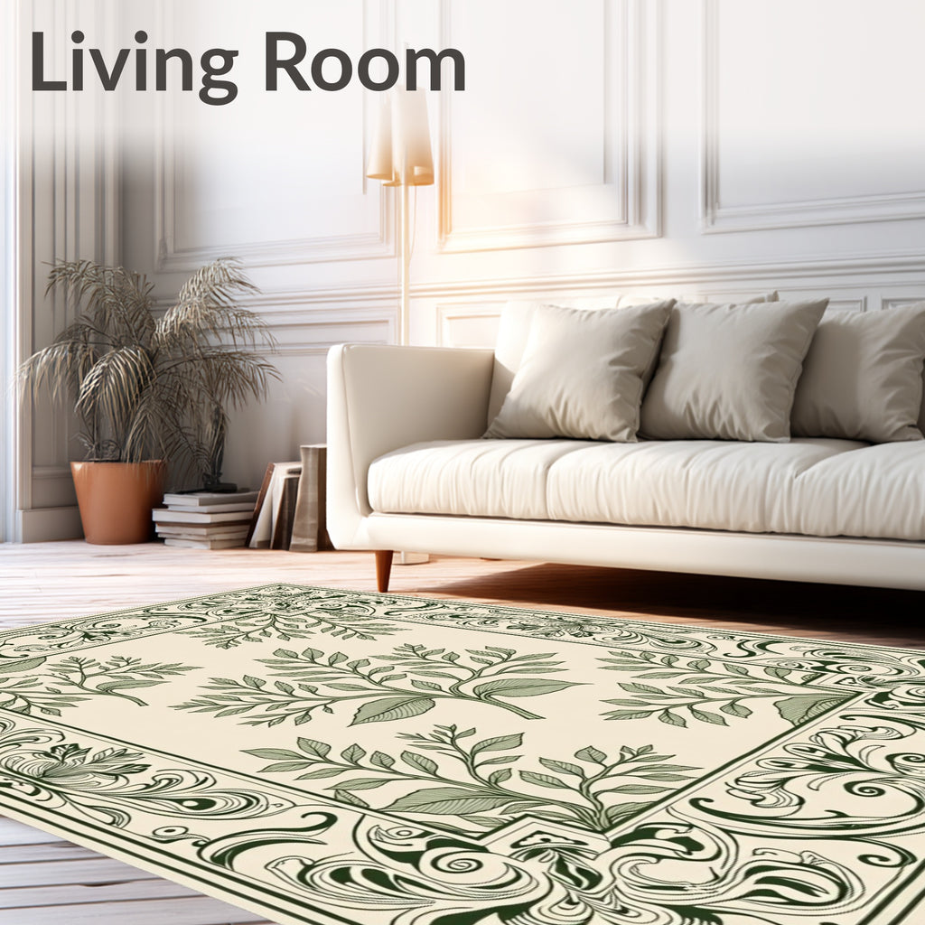 Ornate Green Leafy Vine Border Rug