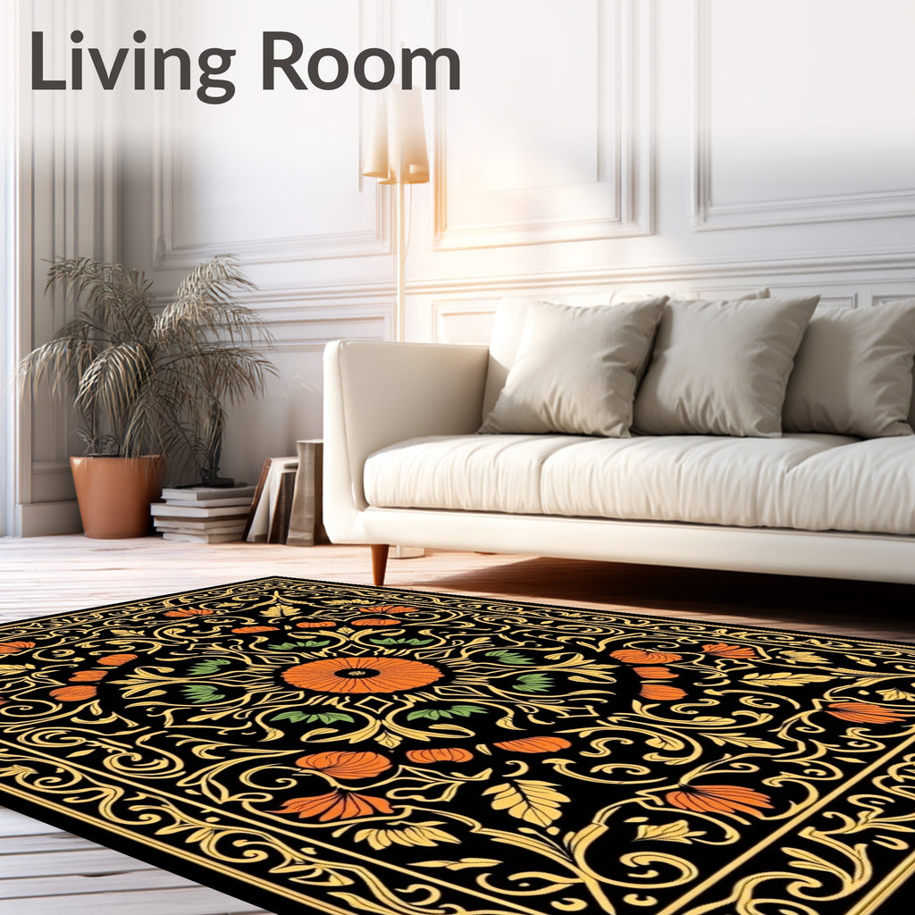 Ornate Floral Scrollwork Black Orange Rug
