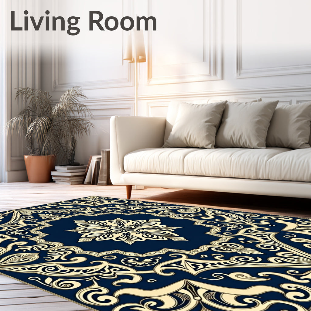 Elegant Cream Navy Ornate Pattern Rug