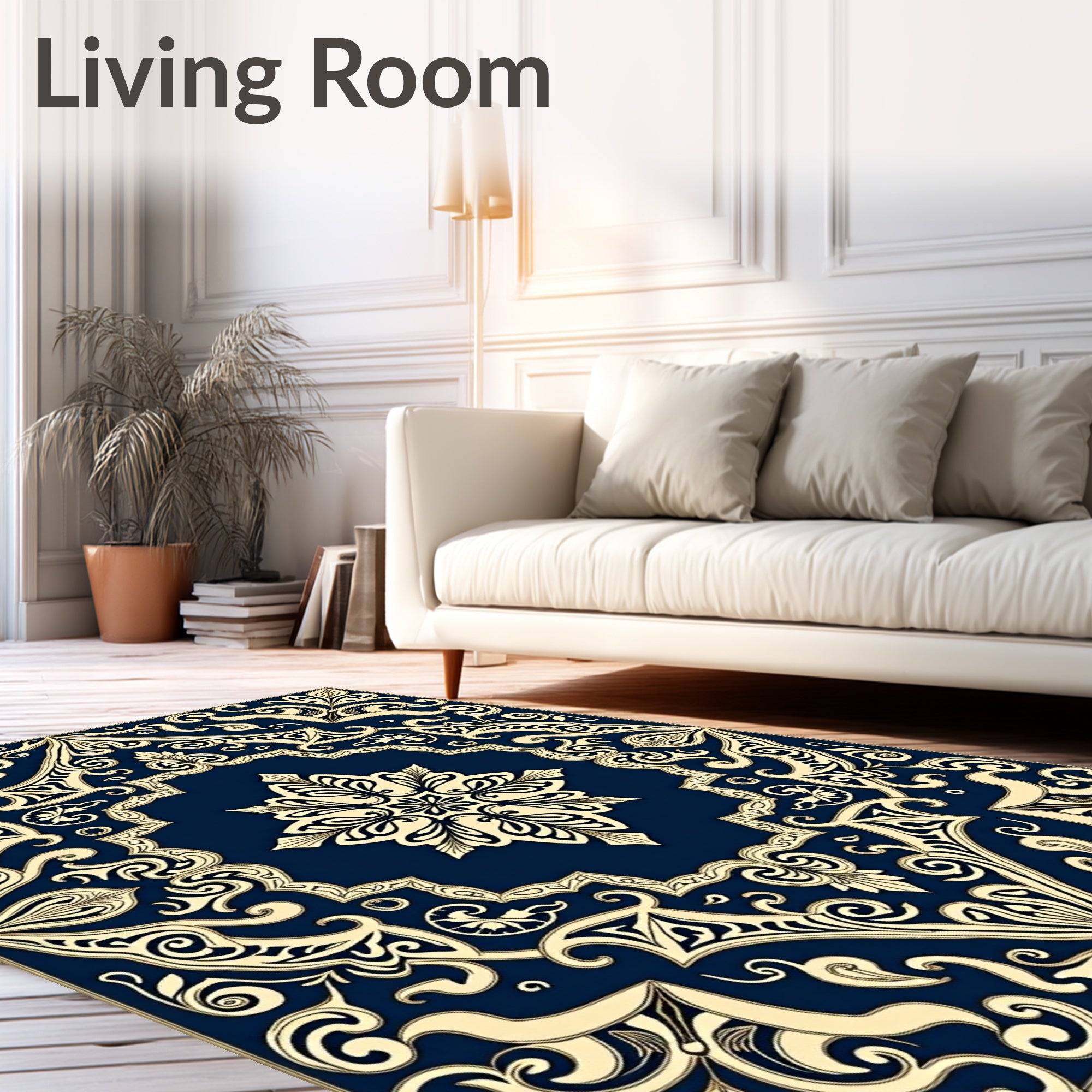 Elegant Cream Navy Ornate Pattern Rug