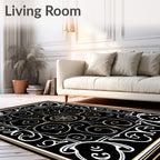 Elegant Black White Gold Scroll Pattern Rug