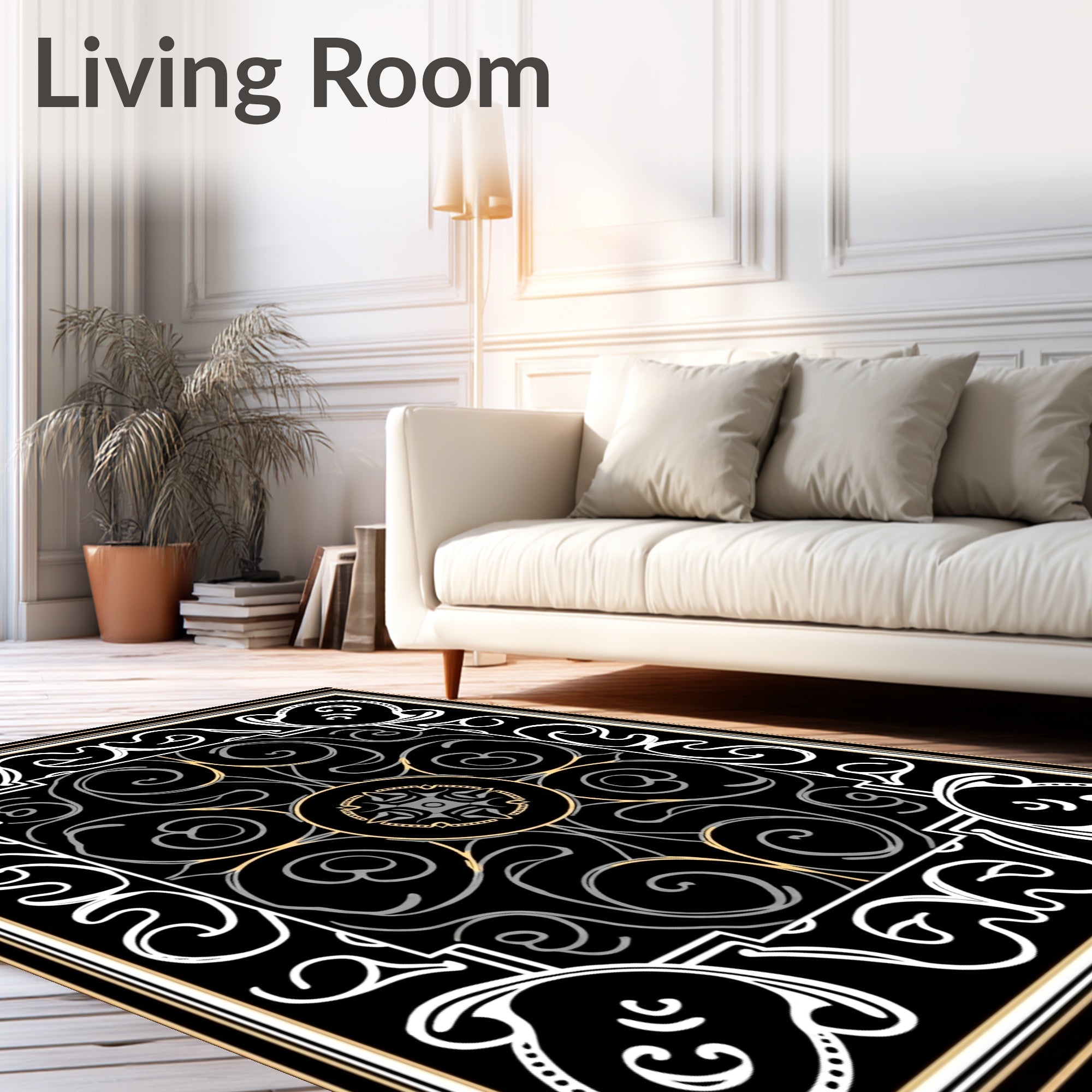 Elegant Black White Gold Scroll Pattern Rug